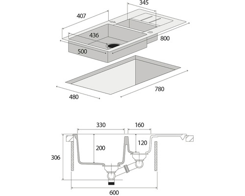 Technický výkres dřezu s rozměry.