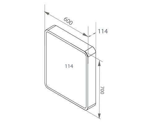 Technický výkres koupelnového zrcadla s rozměry 600 x 700 x 114 mm