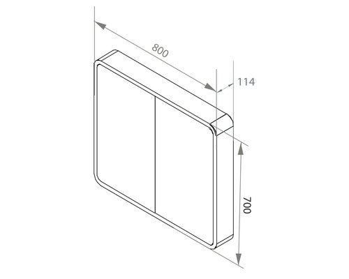 Technický výkres koupelnové skříňky o rozměrech 800 x 700 x 114 milimetrů