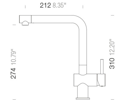 Rozměrový výkres kuchyňské baterie o rozměrech 212, 274 a 310 milimetrů.