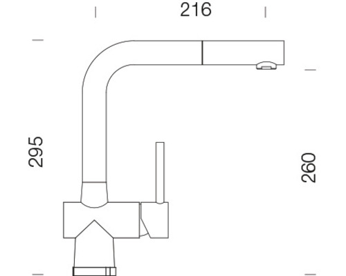 Technický výkres kuchyňské baterie s rozměry 216, 295 a 260