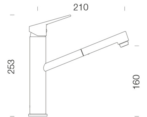 Technický výkres kuchyňské baterie o rozměrech 253, 210 a 160 milimetrů.