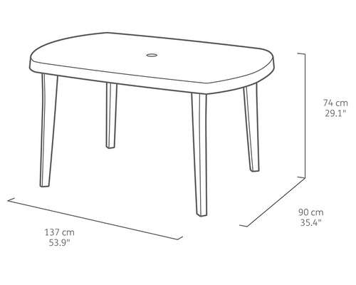 Rozměry zahradního stolu: délka 137 centimetrů, šířka 90 centimetrů a výška 74 centimetrů