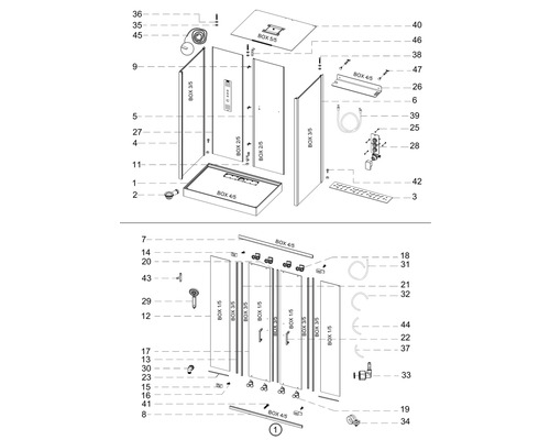 Rozkreslený nákres sprchy s jednotlivými díly a čísly, uvedený pro montáž.