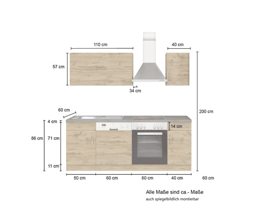 Kuchyňská linka se spodními skříňkami, horními skříňkami, dřezem, myčkou nádobí, sporákem a troubou s rozměry