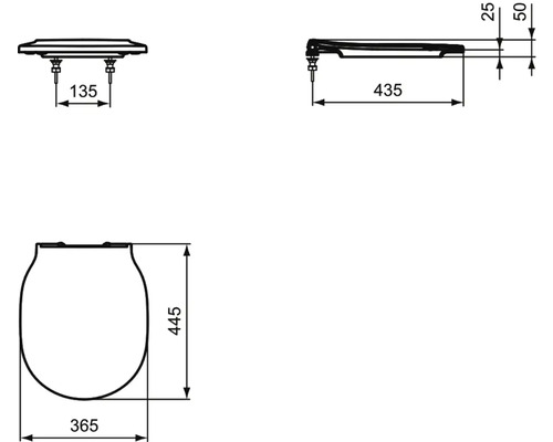 Technický nákres záchodového prkénka s rozměry.