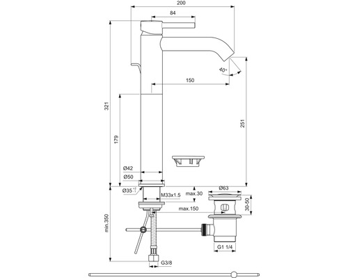 Technický výkres umyvadlové baterie s rozměry
