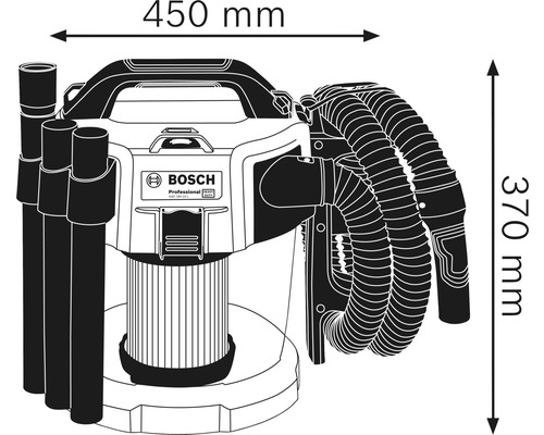 Obrázek mokrého a suchého vysavače o rozměrech 450 mm na šířku a 370 mm na výšku.