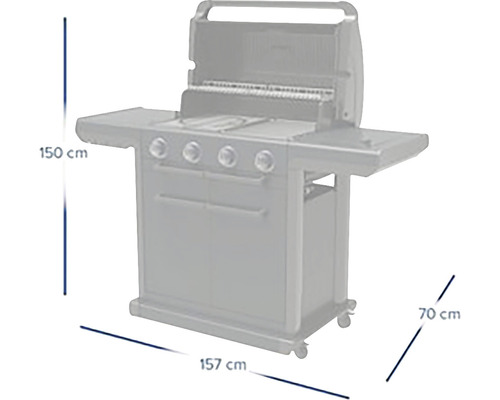 Plynový gril o rozměrech 150 cm výška, 157 cm šířka a 70 cm hloubka.