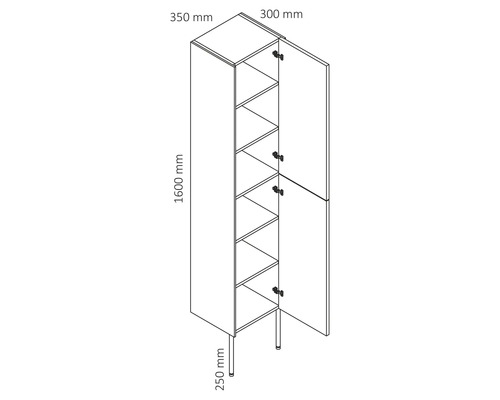 Nákres vysoké skříně s policemi a dvěma otevřenými dveřmi, rozměry 1600 x 350 x 300 mm