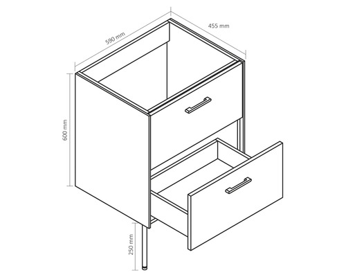 Nákres skříňky pod umyvadlo se zásuvkami a rozměry