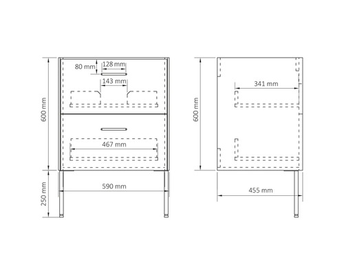 Technický nákres skříňky pod umyvadlo s rozměry.