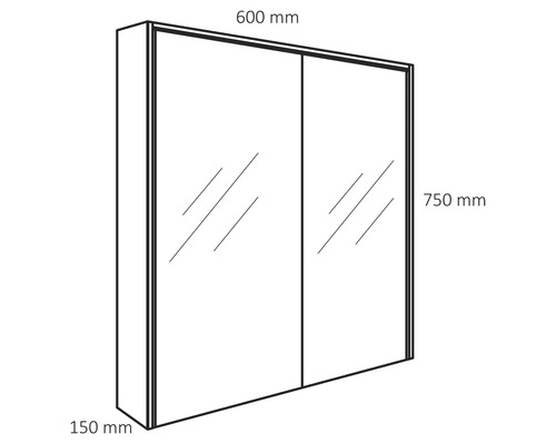 Nákres zrcadlové skříňky o rozměrech 600 mm šířka, 750 mm výška a 150 mm hloubka.