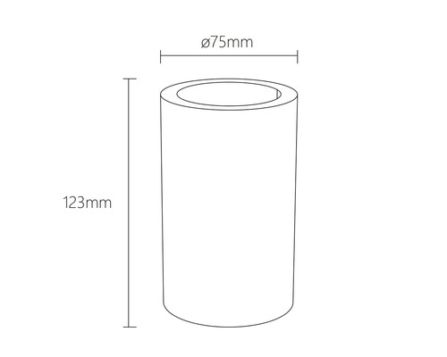 Technický nákres cylindrického svítidla o rozměrech 75 mm v průměru a 123 mm na výšku.