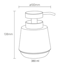 Nákres dávkovače mýdla o rozměrech 138 mm výška, 100 mm průměr a objem 380 ml