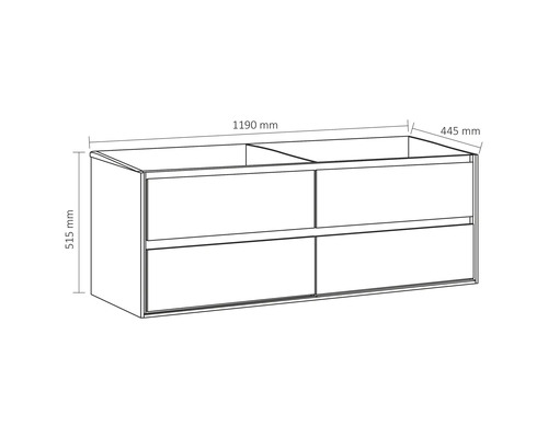 Technický nákres skříňky pod umyvadlo o rozměrech 1190 mm šířka, 515 mm výška a 445 mm hloubka.