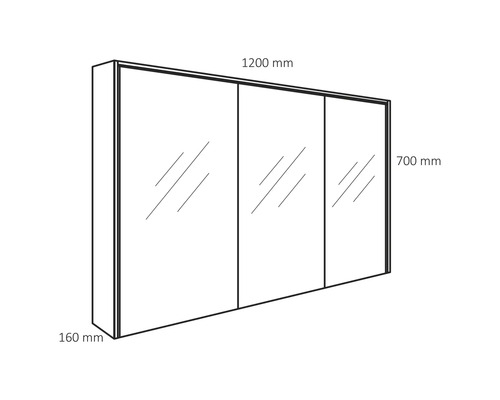 Technický výkres zrcadlové skříňky o rozměrech 1200 mm šířka, 700 mm výška a 160 mm hloubka.