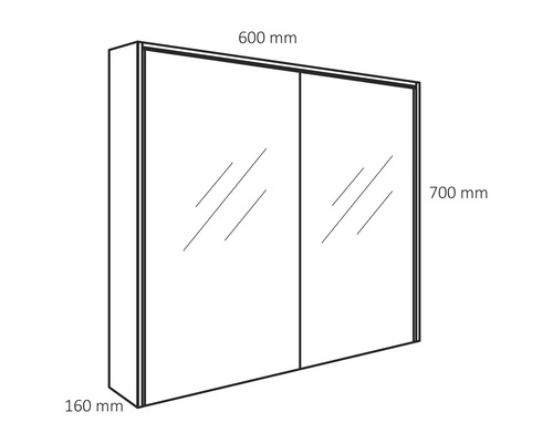 Obrázek zrcadlové skříňky o rozměrech 600 mm šířka, 700 mm výška a 160 mm hloubka.