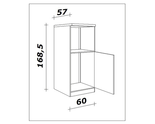 Technický nákres závěsné skříňky o rozměrech výška 168,5 cm, šířka 60 cm a hloubka 57 cm.
