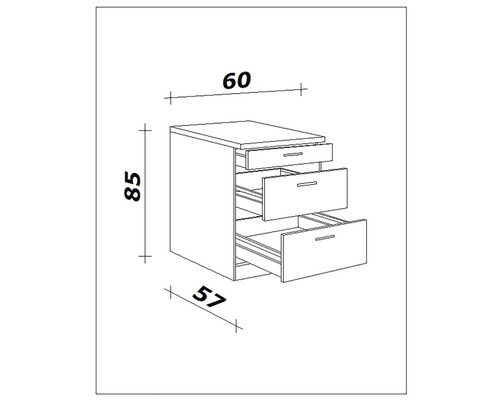 Nákres skříně se zásuvkami s rozměry