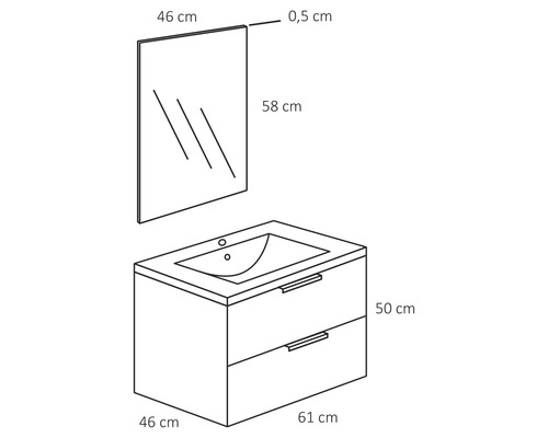 Nákres skříňky pod umyvadlo se dvěma zásuvkami, umyvadlem a zrcadlem s rozměry