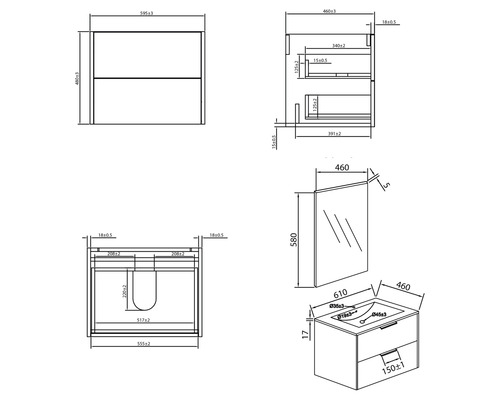Produktový výkres rozměrů umyvadla se zrcadlem