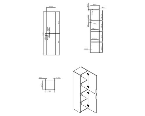 Technický výkres vysoké skříně s rozměry
