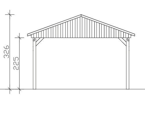 Technický nákres přístřešku pro auto s výškovými údaji