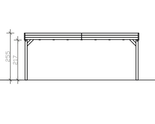 Nákres dřevěného přístřešku pro auto s uvedením výšky