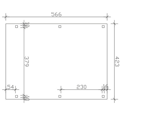 Technický nákres s rozměry obdélníkové desky: šířka 566 mm, výška 423 mm, otvory se vzdálenostmi.