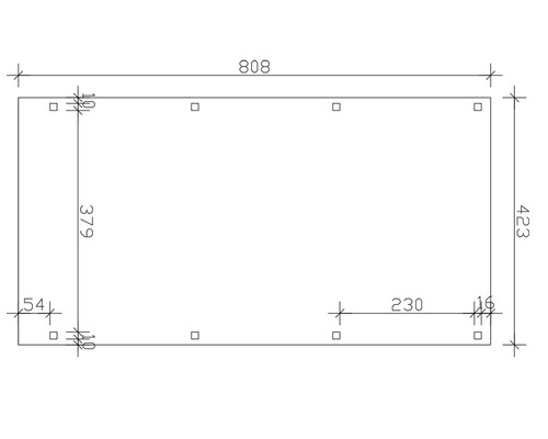 Technický výkres s rozměry: délka 808, šířka 423, výška 379