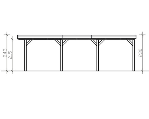 Ilustrace dřevěné pergoly o rozměrech 243 centimetrů výšky, 215 centimetrů výšky a 230 centimetrů výšky sloupku.