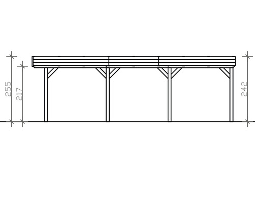 Technický nákres dřevěného přístřešku pro auto s rozměry