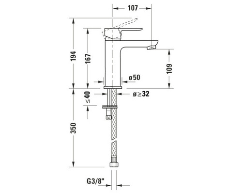 Technický výkres vodovodní baterie s rozměry.