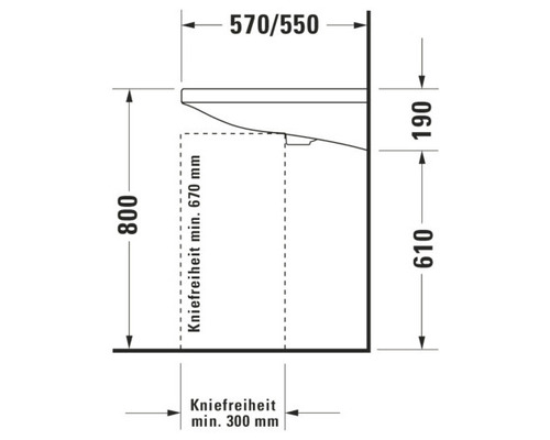 Technický nákres umyvadla s rozměry