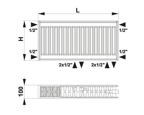 Technický nákres radiátoru s rozměry