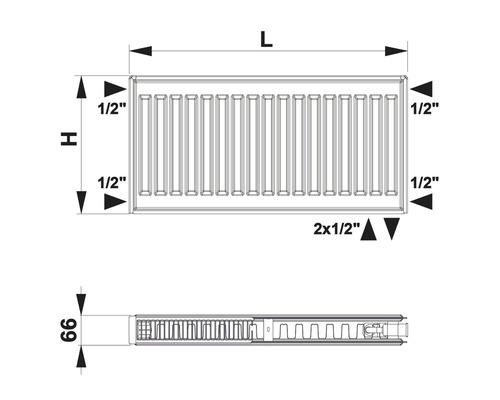 Technický nákres topného tělesa s rozměry