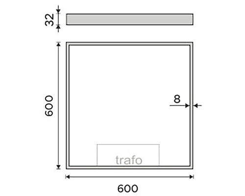 Technický nákres LED vestavného svítidla o rozměrech 600 krát 600 milimetrů a hloubce vestavby 32 milimetrů.