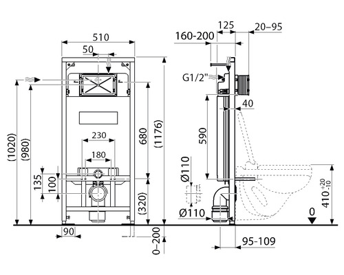 Technický nákres předstěnového instalačního prvku s rozměry