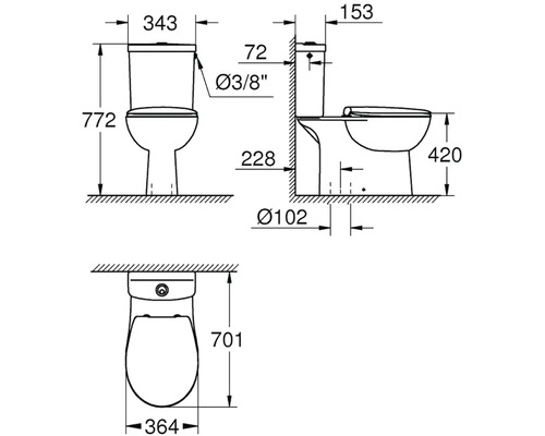 Technický nákres stojícího WC s rozměry pro instalaci