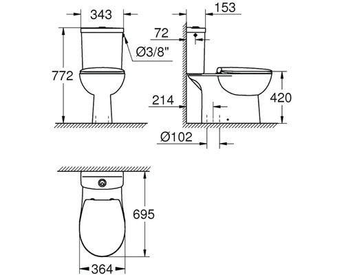Technický výkres toalety s rozměry.