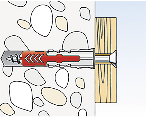 Ilustrace hmoždinky v stěně s dřevěnou deskou.