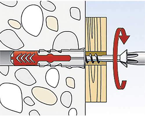 Ilustrace hmoždinky ve zdi se šroubem v kusu dřeva