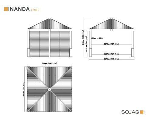 Technický nákres altánu Inanda 12x12 s rozměry