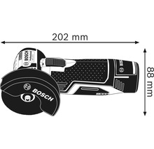 Rozměry akumulátorové úhlové brusky Bosch Professional GWS 12V-76: délka 202 mm, výška 88 mm