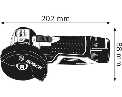Rozměry akumulátorové úhlové brusky Bosch Professional GWS 12V-76: délka 202 mm, výška 88 mm
