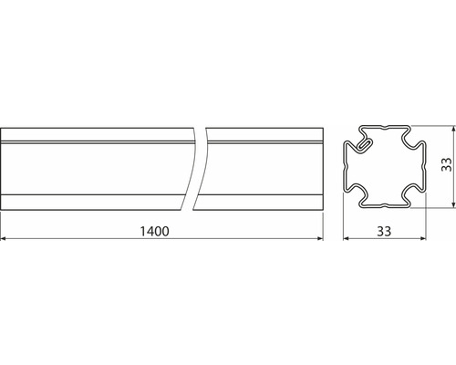 Technický výkres profilu o rozměrech 1400 x 33 x 33 milimetrů.