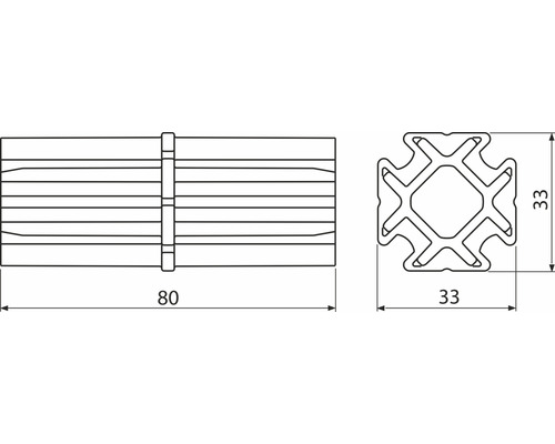 Ilustrace hliníkového profilu o rozměrech 33 x 33 x 80 milimetrů.