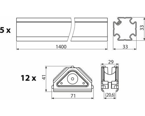 Technický výkres s rozměry profilů a příslušenství
