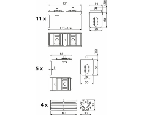 Technický výkres upevňovacích prvků s rozměry